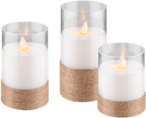 Set of 3 LED Real Wax Candles in Glass, White, Wrapped with Hemp