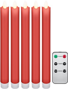 Set of 5 Red LED Real Wax Rod Candles, incl. Remote Control