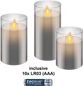 Set of 3 LED Real Wax Candles in Glass, Grey-Transparent, incl. 10x AAA (LR03)