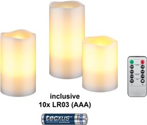 Set of 3 LED Real Wax Candles, white, incl. 10x AAA (LR03)