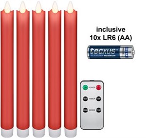 Set of 5 Red LED Real Wax Rod Candles, incl. Remote Control and 10x AA (LR6)