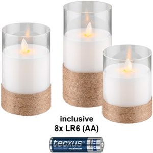 Set of 3 LED Real Wax Candles in Glass, White, Wrapped with Hemp, incl. 8x AA (LR6)